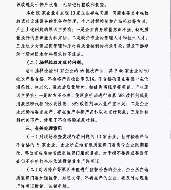 2017防水卷材專項(xiàng)督查結(jié)果：10家企業(yè)有問題！5批次產(chǎn)品不合格！
